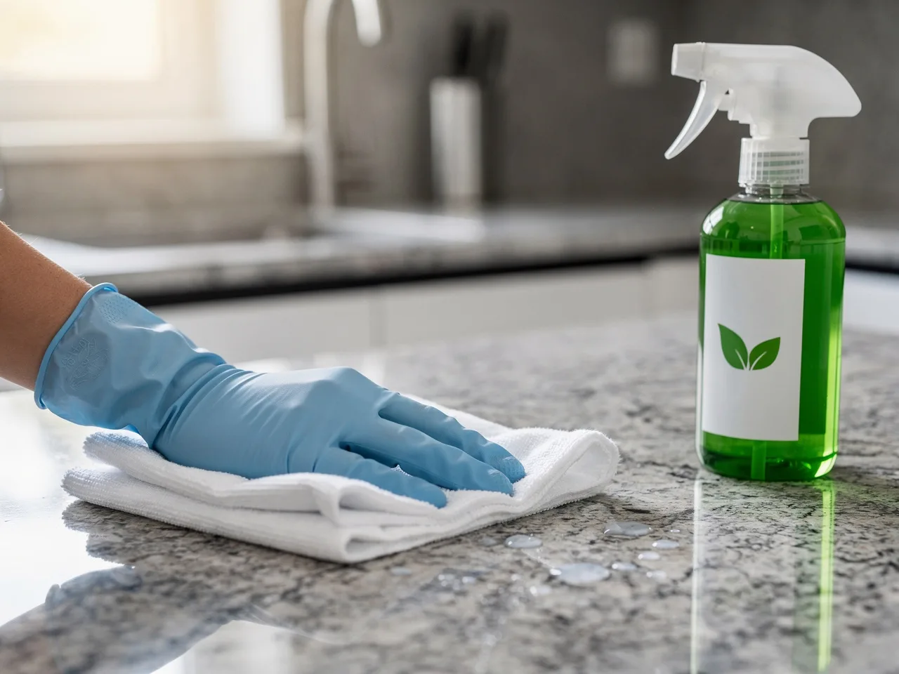 Manos con guantes limpiando encimera con producto ecológico